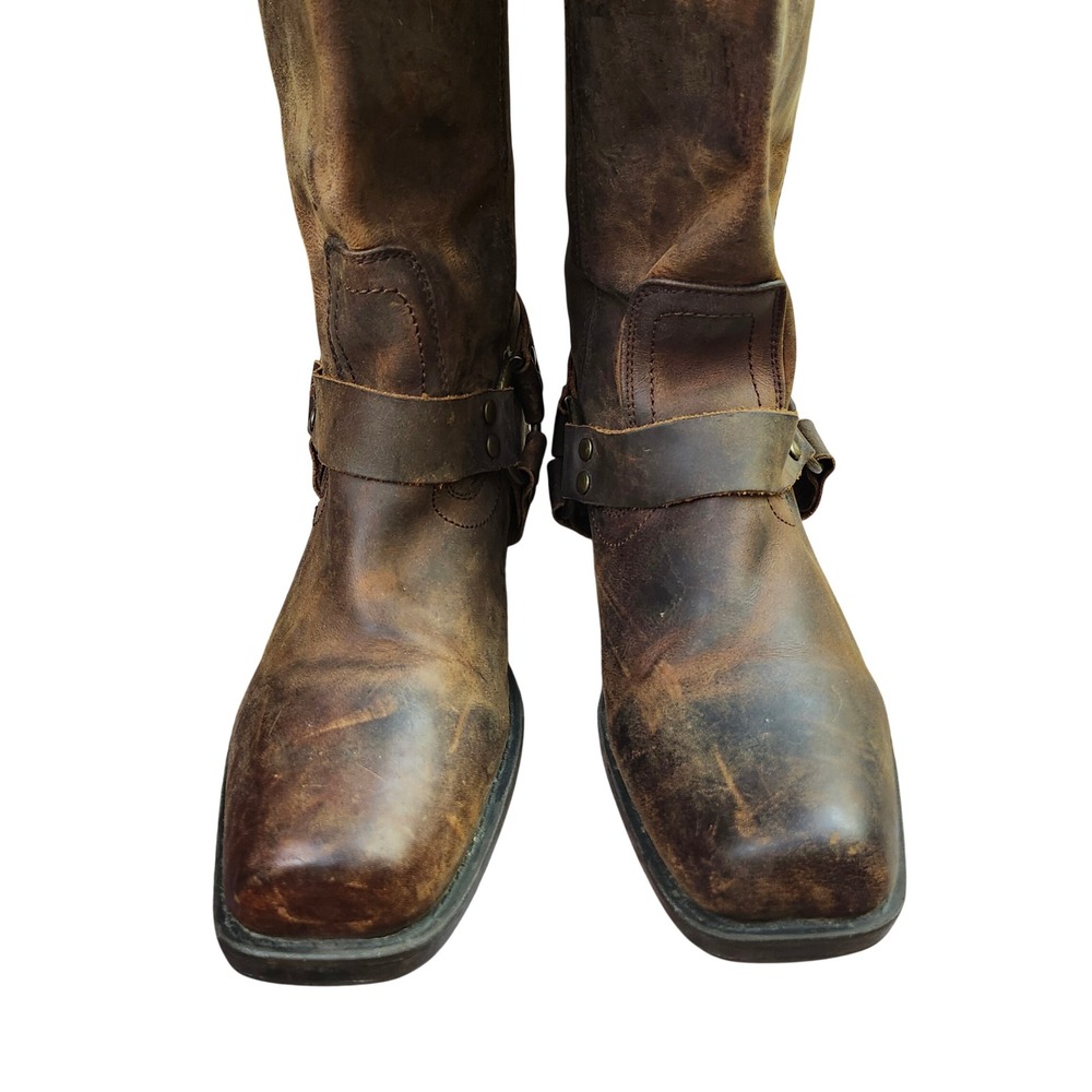 Mossimo Supply Co L 9.5 Brown Leather Harness Biker Boots Square Toe Distressed - Picture 11 of 12